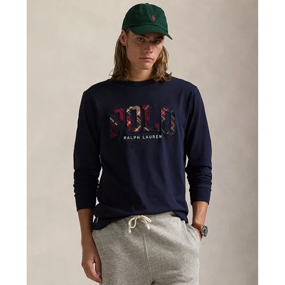 Polo Ralph Lauren Plaid Patchwork Logo Long Sleeve T-Shirt Navy XXL Like New
